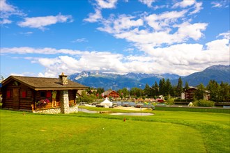 Crans Sur Sierre Golf Course and Water Park and Mountain View in Crans Montana in Valais