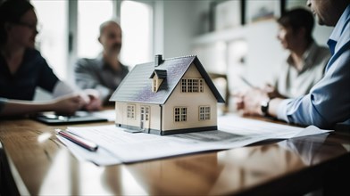 Small model house resting on real estate documents as buyers discuss their agreement