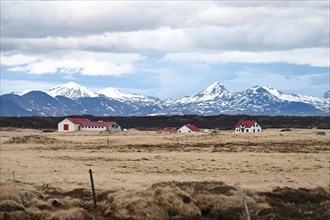 Farm and snow-capped mountains on the Snaefellsnes peninsula in the west of Iceland