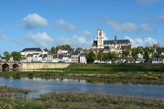 Nevers. The bridge of Loire. View on the city and cathedral Saint Saint-Cyr and Sainte-Julitte. Nievre department. Bourgogne Franche Comte. France