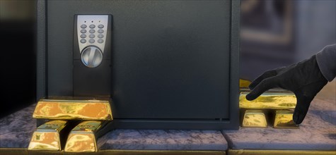 Gold bars in front of safe with thief