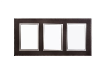 Brown leather and brushed aluminium triple photograph frame