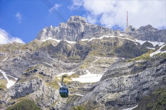 The Schwaegalp-Saentis aerial cableway halfway along the trail against the picturesque backdrop of the Saentis
