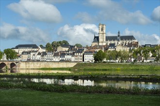 Nevers. The bridge of Loire. View on the city and cathedral Saint Saint-Cyr and Sainte-Julitte. Nievre department. Bourgogne Franche Comte. France