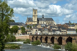 Nevers. The bridge of Loire. View on the city and cathedral Saint Saint-Cyr and Sainte-Julitte. Nievre department. Bourgogne Franche Comte. France