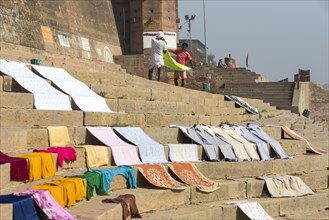 Laundry drying on the stone steps by the holy river Ganges