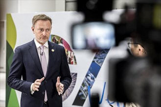 German Finance Minister Christian Lindner gives a TV interview during the G7 Finance Ministers Meeting in Niigata