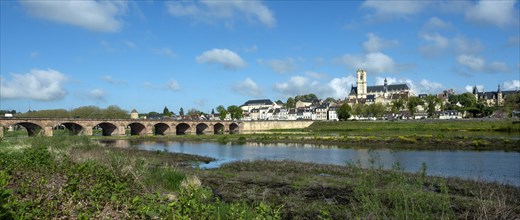 Nevers. The bridge of Loire. View on the city and cathedral Saint Saint-Cyr and Sainte-Julitte. Nievre department. Bourgogne Franche Comte. France