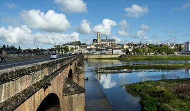 Nevers. The bridge of Loire. View on the city and cathedral Saint Saint-Cyr and Sainte-Julitte. Nievre department. Bourgogne Franche Comte. France