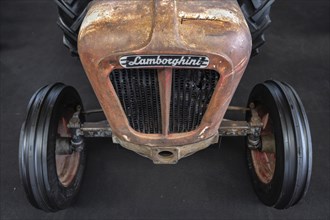Close-up of an old Lamborghini tractor with brand emblem