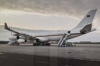 The government plane A340 of the Flugbereitschaft stands defective at the airport BER in Berlin