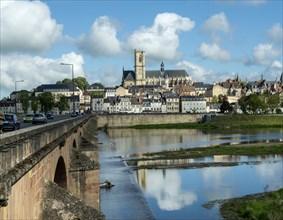 Nevers. The bridge of Loire. View on the city and cathedral Saint Saint-Cyr and Sainte-Julitte. Nievre department. Bourgogne Franche Comte. France