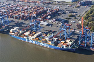 Aerial view of a Cosco Shipping container ship at CTA Container Terminal Altenwerder