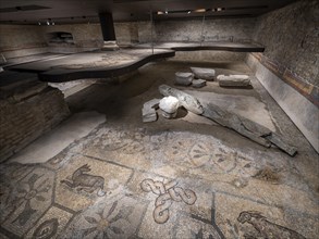 Crypt of the excavations with floor mosaics from the 4th century AD under the bell tower of the Romanesque basilica at Aquileia