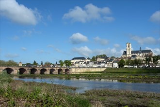 Nevers. The bridge of Loire. View on the city and cathedral Saint Saint-Cyr and Sainte-Julitte. Nievre department. Bourgogne Franche Comte. France