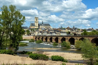 Nevers. The bridge of Loire. View on the city and cathedral Saint Saint-Cyr and Sainte-Julitte. Nievre department. Bourgogne Franche Comte. France