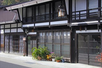 Front face of wooden houses at Narai-juku traditional small town in Nagano Japan