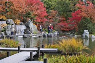 Tourists walking along pond with waterfall and Smooth Japanese maples