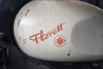 Petrol tank from an old motorbike with brand emblem and type designation of the former German two-wheeler manufacturer Kreidler
