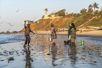 Fishermen's wives on the beach at the fish market