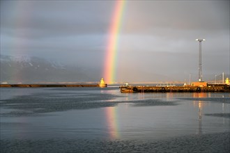 Rainbow in the old harbour of Reykjavik