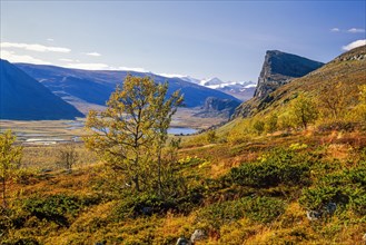 Mountainous landscape view at Rapadalen in Sarek National park with beautiful autumn colors in Sweden