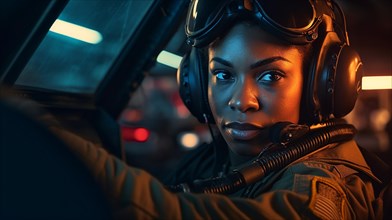 Proud african american female air force fighter pilot in the cockpit of her fighter jet