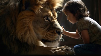 Profile of A fearless young female child gently touching the face of A very large lion