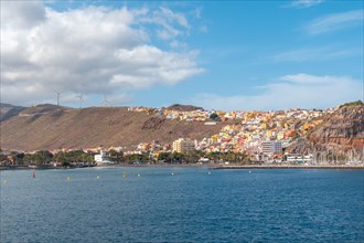 View of the city and the port of San Sebastian de la Gomera seen from the ferry heading to Tenerife. Canary Islands