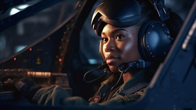 Proud african american female air force fighter pilot in the cockpit of her fighter jet