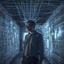 Man with data glasses for artificial intelligence stands in front of a data stream