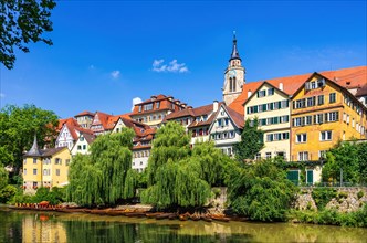 Beautiful view of the historic Neckar front in the old town of Tuebingen