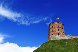 Gedeminas Tower with the Lithuanian flag on the castle hill of the Old Town
