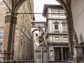 The Rape of Polyxena is a fine diagonal sculpture by Pio Fedi placed in the Loggia dei Lanzi