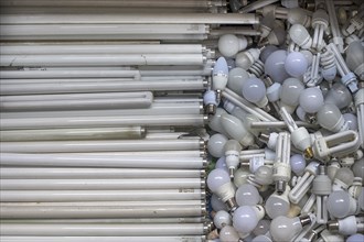 Broken light bulbs and fluorescent tubes collected in a container