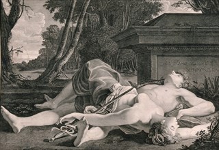 The suicide of Pyramus and Thisbe. Thisbe and Pyramus lie dead in front of the tomb of Ninus
