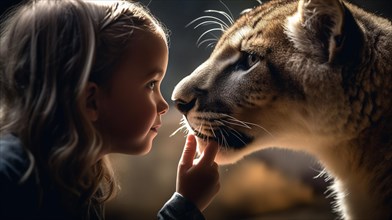 Profile of A fearless young female child gently touching the face of A very large lion