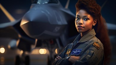 Proud african american female air force fighter pilot standing in front of her F35