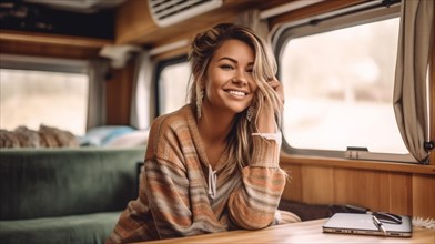 Happy mixed-race young adult female enjoying working remotely inside her RV camper trailer