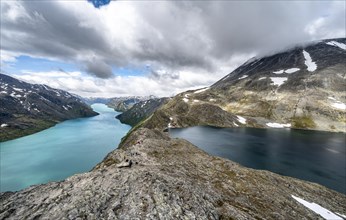 View of lake Gjende and lake Bessvatnet with mountains