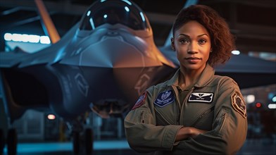 Proud african american female air force fighter pilot standing in front of her F35