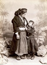 Studio Portrait of Woman and Child in Traditional Greek Dress