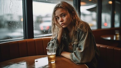 Young girl sits alone and afraid in a damp diner at night
