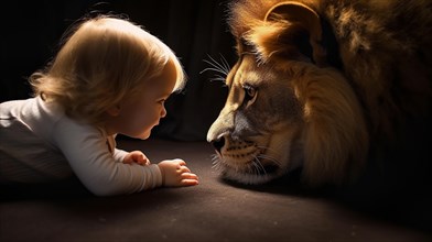 Profile of A fearless baby child reaching for the face of A very large lion sitting next to her