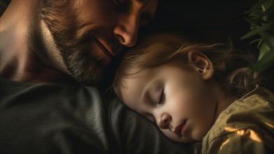 Peaceful child sleeps on his father's chest