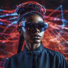 Woman with data glasses for artificial intelligence stands in front of a data stream