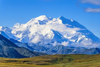 Mountainous landscape view at Mount McKinley peak in Denali National Park and Preserve at Autumn in Alaska
