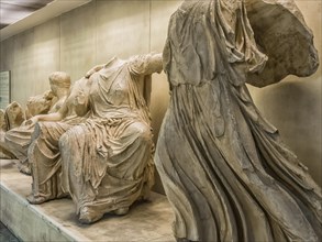 Ancient Greek statues of public free exhibition in metro station of Acropolis in Athens