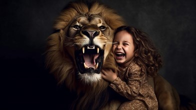 Fearless female child laughing as she sits next to A very large roaring lion sitting next to her