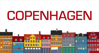 Copenhagen welcome card with city buildings skyline in colors over white background. Editable vector copy space illustration